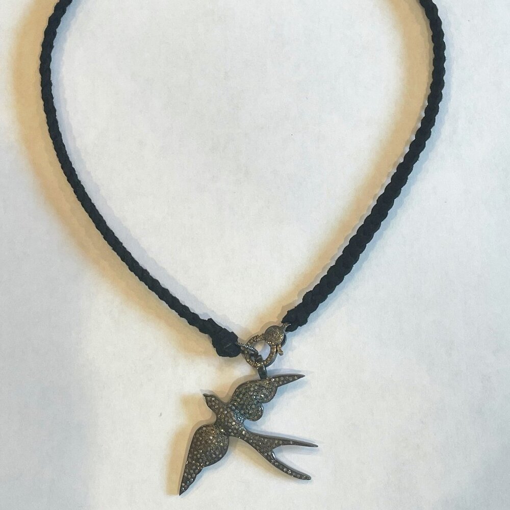 Black leather braided Necklace with Lobster Claw Clasp and Dove Charm